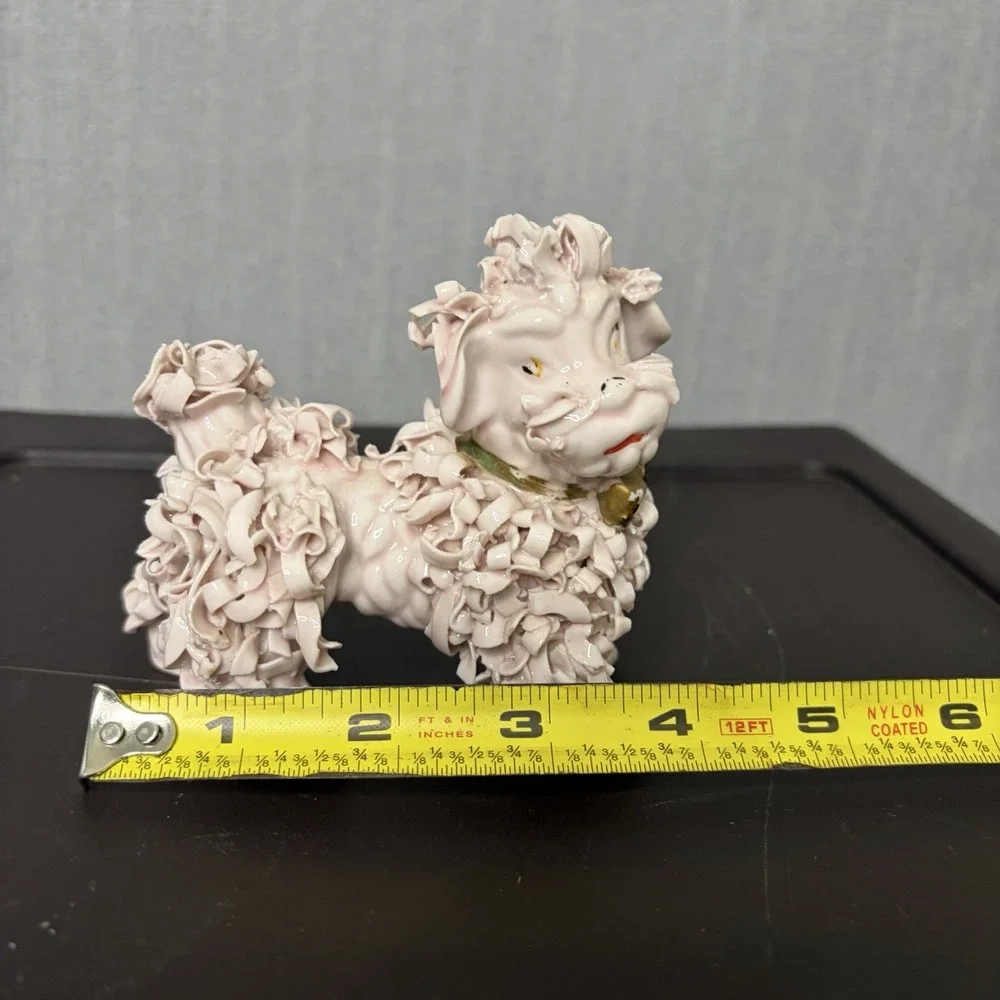 Vintage Spaghetti Pink Poodle Ceramic Figurine Gold Bow Mid Century MCM 60s